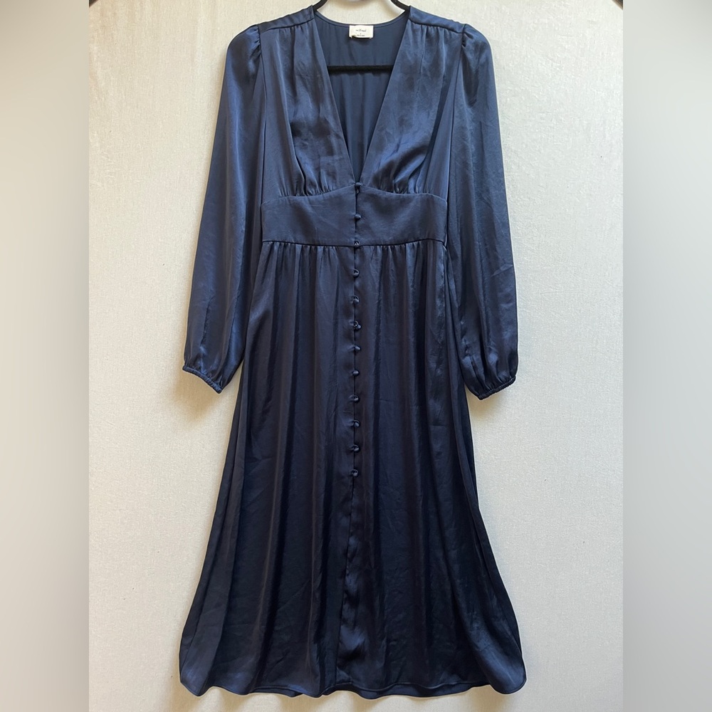 Wilfred Navy Satin Button Up Long Sleeve Midi Dress
